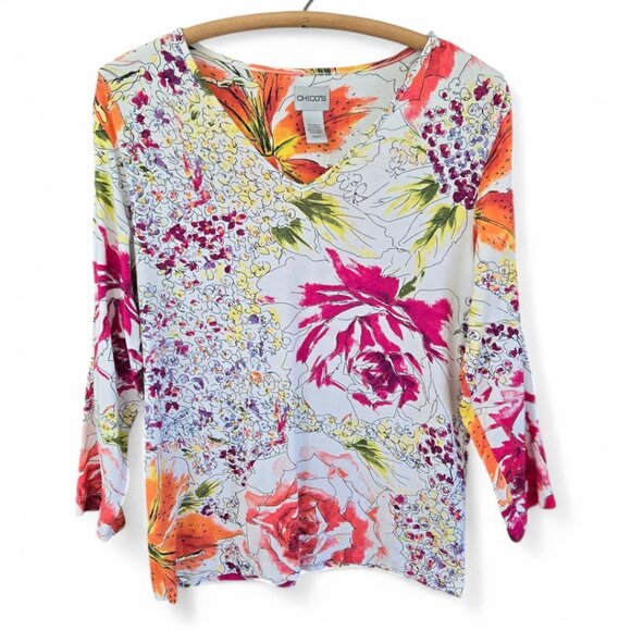 Chico's Tops - Chicos Size 2 Womens Large Watercolor Floral V-Neck 3/4 Sleeve Tshirt
